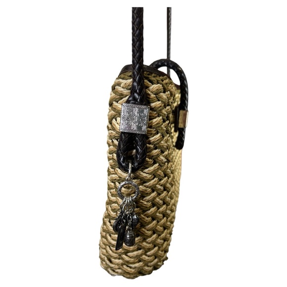 BRIGHTON WOMEN’S WOVEN STRAW JUTE LEATHER CROSSBODY SHOULDER BAG PURSE OLIVE TAN - Picture 3 of 8